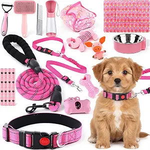 30 Pcs Puppy Supplies Starter Kit for Small Dogs Essentials No Pull Dog Harness, Collar, Leash Set, Toys, Water Bottle, Pet Grooming Kit, Puppy Accessories for Welcome Gift(Pink,Pig)