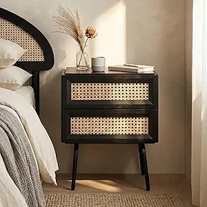 NTC Solid Oak Drawer Face Lulu Nightstand with Natural Rattan Drawer, Mid-Century Side Table for Bedroom, Bedside Furniture, End Table  Waterproof, Heat Resistant, Easy to Assemble  Burnt Black