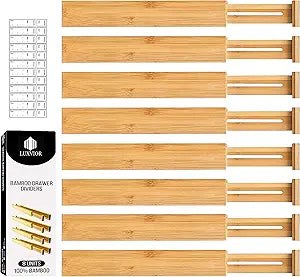 Expandable Bamboo Drawer Dividers 8 pack with labels(17"-22") Drawer Organizer for Kitchen, Clothes,Utensils,Silverware,Dresser,Office,Desk