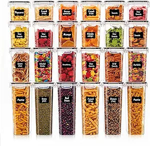 24 PCS Airtight Food Storage Containers with Lids, BPA Free Clear Plastic Kitchen and Pantry Organization and Storage Set for Flour, Sugar, Cereal, Pasta, Includes 24 Labels and Marker