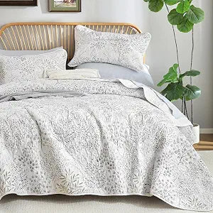 WONGS BEDDING King Size Quilt Set, 3 Pieces White Floral Bedspread Coverlet Set, Farmhouse Botanical Bedspreads Bed Cover,Soft Lightweight Microfiber Flower Bedding Set for Season (104"x90")