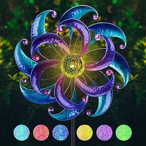 WONDER GARDEN Wind Spinners for Yard and Garden-Solar Wind Spinners - 61 Inch Blue Wind Sculptures & Spinners with LED Changing Light Glass Ball for Garden Patio Outdoor Decor