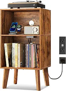 WLIVE Record Player Stand, Modern Nightstand with Storage, Small Space Bedside Table, End Table for Bedroom & Living Room, Mid Century Night Stand, Rustic Brown