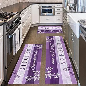 Purple Kitchen Rugs Sets of 3 Piece with Runner, Lavender Boho Floral Leaves Kitchen Floor Mat Rug Carpet Purple Kitchen Decor and Accessories Stuff for Home