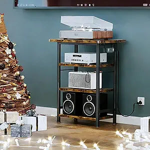 Homeiju 4-Tier AV Media Stand with Power Outlet, Wooden Record Player Stand, Entertainment Center with Storage Shelves, Stereo Stand DVD Stand for Bedroom, Living Room, Brown