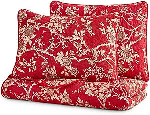 Wake In Cloud - Floral Quilt Set, Vintage Oriental Asian Flower Modern Botanical Pattern, Reversible Lightweight Bedspread Coverlet, 3 Pieces, Red, Queen/Full Size