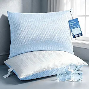 Blue Ridge Home Fashions Luxury Hotel Quality Cooling Pillows Queen Size Set of 2, Soft Medium 500 Thread Count Damask Stripe Embroidered 100% Cotton Cover, Down Alternative