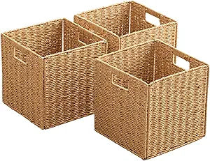 Foldable Storage Baskets with Handles Paper Rope Storage Baskets Rectangle Collapsible Hand Woven Storage Cubes Bins for Organizing Shelves Living Room Bedroom Pantry (3, 11'' x 11'' x 11'')