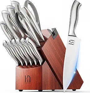 KnifeSaga Kitchen Knife Block Set, Enduring Sharpness Premium Knife Set with Block, 14 Pcs Japanese High Carbon Stainless Steel Knives Set for Kitchen, Chef Knife Set with Block and Built in Sharpener