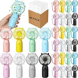 Woanger 48 Pcs Mini Portable Handheld Fans Bulk with Rope Small Battery Operated Personal Fans Cooling Gift for Summer Travel Beach Indoor Outdoor Makeup Eyelash Individually Boxed