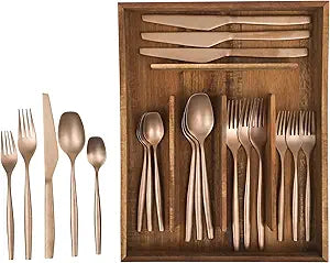 Bloomhouse - Two Time Oprah's Favorite Things Winner - 20 Piece Stone Washed Rose Gold Flatware 18/10 Stainless Steel Silverware Cutlery Utensil Set With Acacia Wood Caddy - Service for 4