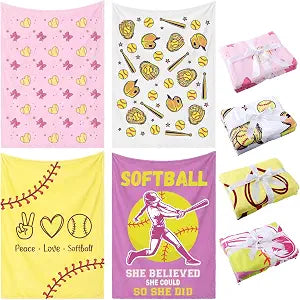 Newwiee 4 Pack Softball Throw Blankets for Teens Adults Soft Flannel Fleece Sport Ball Blanket Team Gift for Softball Lovers Players Coaches Women, 40"x50"