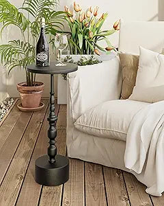 25" Black End Table, Art Deco Side Table for Living Room, Cast Aluminum Accent Cocktail Table with Polished Brass Finish, Small Space Furniture, Corrosion Resistant & Sturdy Base