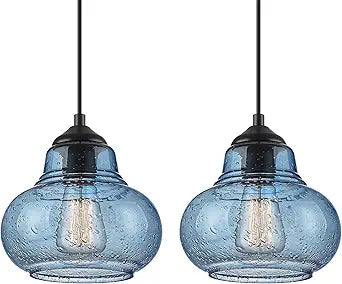 ELYONA 2 Pack Bubble Glass Pendant Lights 8 inch Modern Blue Hand Blown Globe Glass Pendant Lighting Hanging Light fixtures for Kitchen Island Dining Room Bar Bedroom Living Room