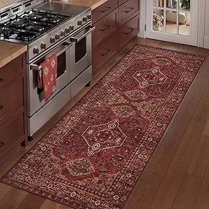 Tangsoo Boho 2x6 Washable Runner Rug for Hallways, Non Slip Vintage Runner Rug, Oriental Soft Low Pile Long Rug Runner, Print Carpet Runners for Kitchen Bedroom Entryway Bathroom Living Room Dark Red