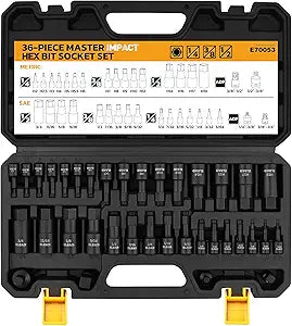 Hex Bit Impact Socket Set: 36-Piece with 4 Adapters, 1/4", 3/8", 1/2"Drive Master Allen Socket Set, Cr-V Steel, SAE and Metric, H5-H19 & 3/4"-5/64", Reinforced Storage Case, Automotive Mechanic