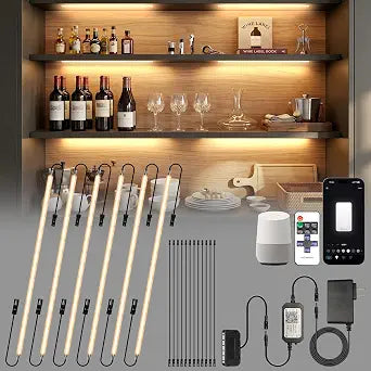 LED Shelf Lights, Under Cabinet Lighting Compatible with Alexa, Dimmable 2700K WIFI Strip Lights for Bookshelf, Display, Book Case Curio, Kitchen with App, Remote, Memory Function (6Pack 20In)