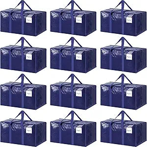 12 Pack Extra Heavy Duty Large Moving Bags with Strong Zipper & Comfortable Handles, Sturdy & Durable Clothes Storage Bags Totes Bins, Packing Moving Boxes for College Supplies, Dark Blue