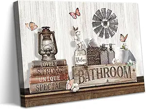Rustic Bathroom Wall Art Country Bathroom Pictures Wall Decor Farmhouse Cotton Flower Butterfly Painting Brown Theme Country Bath Prints Rustic Farmhouse Inspirational Prints Artwork Home Decor 16x24"