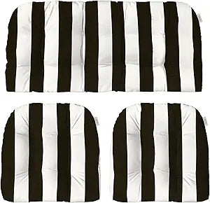 Indoor Outdoor Black & White Striped Cushions for Wicker Loveseat Settee & 2 Matching Chair Cushions | 41" x 19" & 19" x 19"