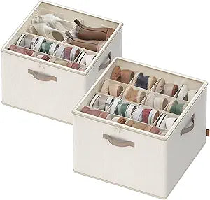 SONGMICS Shoe Organizer for Closet, Fabric Shoe Organizer Box with Adjustable Dividers, Storage Compartments, Stackable, Transparent Lid, for up to 16 Pairs, Set of 2, Cappuccino Beige ULSP622LH01