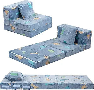 MeMoreCool Foldable Futon Chair Bed for Kids, Glow Tri-fold Sofa Bed Convertible Toddler Sofa Mattress, Foam Floor Couch for Sitting, Blue