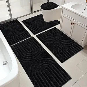 HEBE Bathroom Rugs Set 5 Piece, Plush Absorbent Bath Mats for Bathroom, Non Slip Machine Washable Bath Mat Set with Toilet Cover, Bath Runner and U-Shaped Contour Toilet Rug, Black