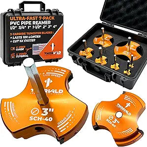THORVALD PVC Pipe Reamer TriForce - 7 Sizes with Tungsten Carbide Blades - Video Tutorial + User Guide - 3 Blades PVC Fitting Saver for Plumbing - Tool Sizes: 1/2" ; 3/4 ; 1 ; 1-1/2 ; 2 ; 3 ; 4