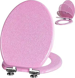 Angol Shiold Glitter Toilet Seat Molded Wood Elongated Toilet Seat with Quietly Close and Quick Release Hinges, Easy to Clean also Easy to Install (Elongated 18.5'', Pink)
