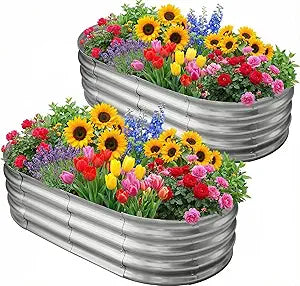 Galvanized Raised Garden Bed for Outdoor: 4X2X1ft Durable Metal Vegetable Plant Container Kit - Oval Planter Box for Gardening Flower Trough 2 Pack