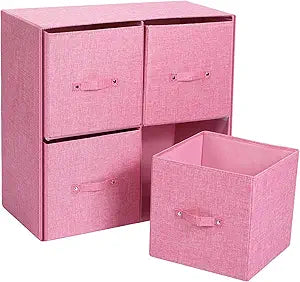 Linen Cube Organizer Shelf with 4 Bins Fabric Cube Storage Organizer with Handle Collapsible Cubbie Shelf for Dorm Storage Under Bed Organizing Shelves Bedroom Office(Pink)