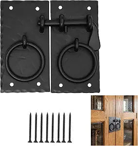 Mystic Colonial Iron Ring Cabinet Latch Set, Hand-Forged Latch, Black, Hand-Forged Iron, Black Finish, 4 1/2  4 3/8 in, Ring Handles, Slide Bolt, Hardware Included