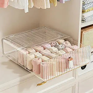 Sock Underwear Drawer Organizer - 24 Compartment Clear Acrylic Storage Bins with Removable Dividers for Closet, Stackable Dresser Drawer Box for No-Mess Socks, Tiers, Baby Clothes, Belt, Tea Bag