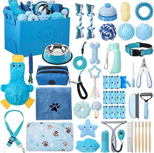 Leitee 50 Pcs Blue Puppy Starter Supplies Kit Small Dog Training Kit Puppy Gift Basket New Dog Bundle Harness Collar Leash Toy Bowl Water Bottle Pet Grooming Accessorie for Pet Day Welcome Favor