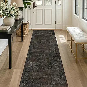 Black 2'6" x 8' Washable Hallway Runner Rug, Non Slip Long Kitchen Runner, Dark Charcoal Low Pile Stain Resistant Rug for Entryway, Bathroom & Laundry Room