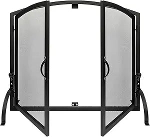 35" x 27" Single Panel Fireplace Screen with Doors, Magnetic Double Door Spark Guard, Flat Freestanding Fireplace Screen, Black Wrought Iron Mesh Cover with Arched Top for Indoor Hearth