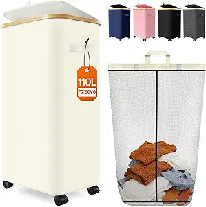 Laundry Hamper with Wheels, 110L Large Clothes Hamper with Removable Inner Bag, Collapsible Dirty Clothes Basket for Dorm, Rolling Dirty Clothes Basket for, Bedroom, Bathroom, Laundry Room