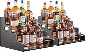 YQBRAO 2 Pack 4-Tier Liquor Bottle Display Shelf, 16-Inch Wooden Bar Shelves for Liquor Bottles, Countertop Whiskey Shelf and Bourbon Shelf Organizer for Home Bar, KitchenBlack