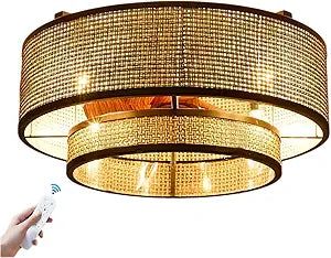 18.9" Boho Caged Ceiling Fan with Lights Remote, 4-Light Vintage Rattan Woven Chandelier Fan with Light Reversible Motor, Chandelier Ceiling Fan for Bedroom, Living Room