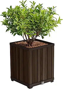 Keter Signature 21.6 Inch Tall Square Large Wood Look Planter for Indoor or Outdoor Flower Pot Ideal for Patio Deck and Front Porch Decor, Rosewood