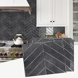 STICKGOO 10 Sheets Thicker Herringbone Peel and Stick Backsplash, 12.69.7 Stick on Wall Tiles, Self Adhesive Tile Sticker for Kitchen Backsplash and Bathroom, Shiny Black with Dark Grey Grout
