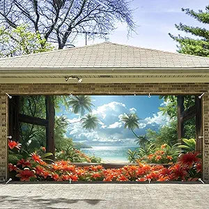 7x16ft Hawaii Seaside Beach Garage Door Decorations Tropical Palm Trees Window Scene Large Summer Banner for Double Garage Door Luau Scenery Garage Door Cover for Outdoor Beach Party