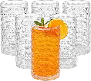 Large Vintage Hobnail Drinking Glasses Set of 6, 16oz Clear Highball Glasses Cups, Kitchen Water Glasses Cup, for Cocktail, Juice, Whiskey, Milk and Various Mixed Drinks