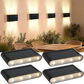 Solar Wall Lights Outdoor, 3000K Warm White, Waterproof, Stylish Mordern Lights, Bright Solar Up and Down Wall Sconce Lighting with 8 LED for Exterior, Porch, Patio, Fence, Garage (4PK)