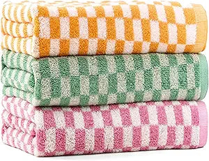 Checkered Bath Towels Set of 3, 100% Cotton Bath Towels Large, 600GSM, 55 * 28 in, Luxury Shower Towels for Bathroom, Soft Absorbent Quick-DryOrange+Dark Green+Pink