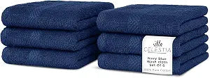 Villa Celestia Cotton Washcloths Set of 6, 12x12 Inch, 100% Ring-Spun Combed Cotton, Soft Absorbent Quick-Dry Wash Cloths for Face and Body, Oeko-TEX Certified, Hotel & Spa Quality, Navy Blue