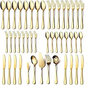 Gold Silverware Set for 8, OGORI 45-Piece Stainless Steel Flatware Set with Serving Set, Mirror Polished Cutlery Set with Serving Utensils Spoon for Kitchen Party Supply