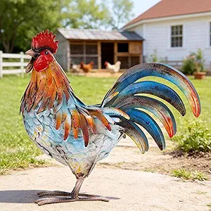 Ratuor Metal Rooster Decor Garden Statue,Yard Chicken Decorations Outdoor Sculpture for Backyard Patio Kitchen Lawn Ornaments,Birthday Housewarming Gifts for Women Mom