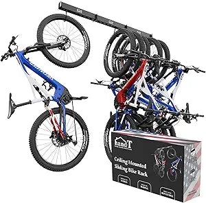 USA Based Ceiling Bike Rack Garage Storage Mount, Bicycle Hanger For Up To 6 Bikes, Sliding 51" Heavy Duty Hook Racks With Padded Hanging Mounts, Hooks Hangers (Black, 3 Rails - 6 Hooks)