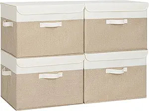 GRANNY SAYS Storage Boxes with Lids, Decorative Storage Bins, Shelf Baskets, Clothes Storage and Organization, White/Khaki, 4-Pack